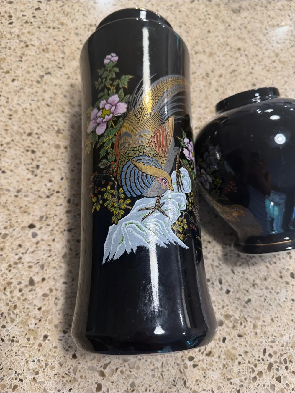 Black Lacquered Vase Set with Gold & Pastel Bird Motif Peacock